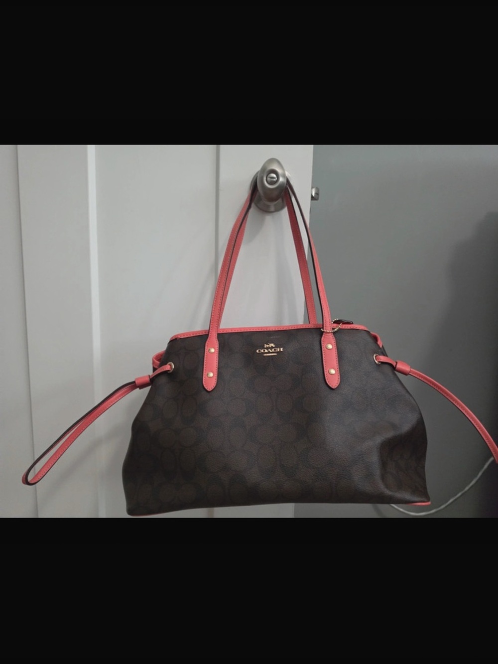 Coach Brown Signature Shoulder Tote with Pink Trim